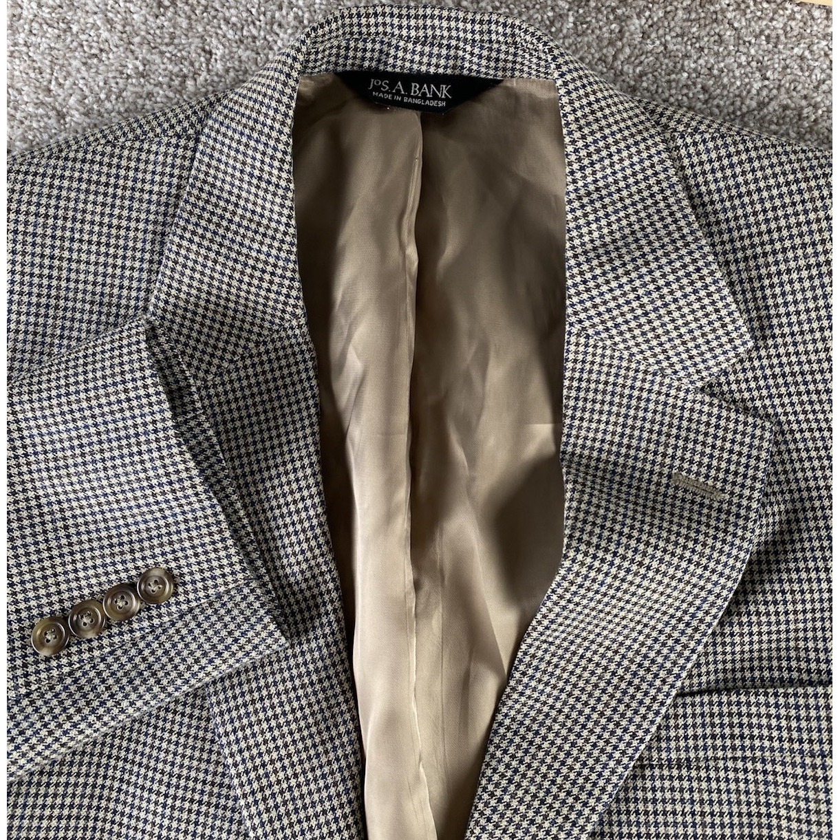 Jos A Bank Houndstooth Plaid Blue/Beige Blazer Sportscoat Men 42l Silk/Wool Work